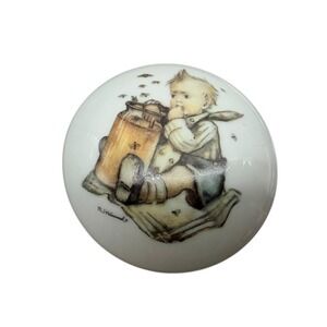 M.J. Hummel Porcelain "Honey Lovers" Round Trinket Box Boy & Bees 1990's Germany